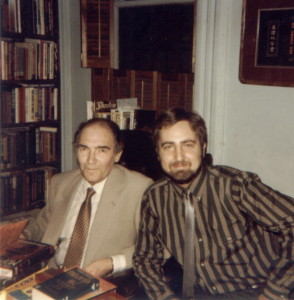 John Gardner and Raymond Benson signing books together in 1984.